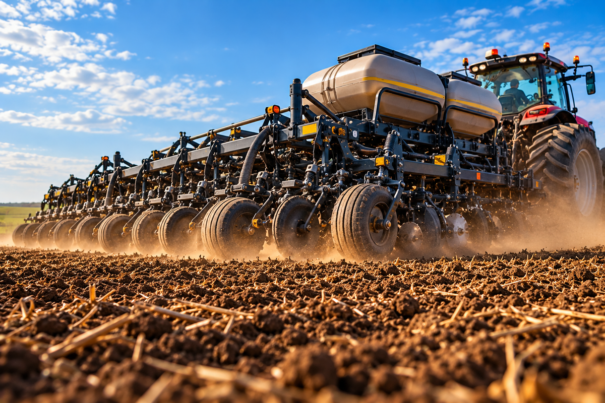 Semeadora agrícola em operação de plantio