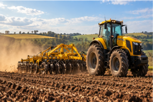 Trator amarelo puxando grade agrícola no preparo do solo